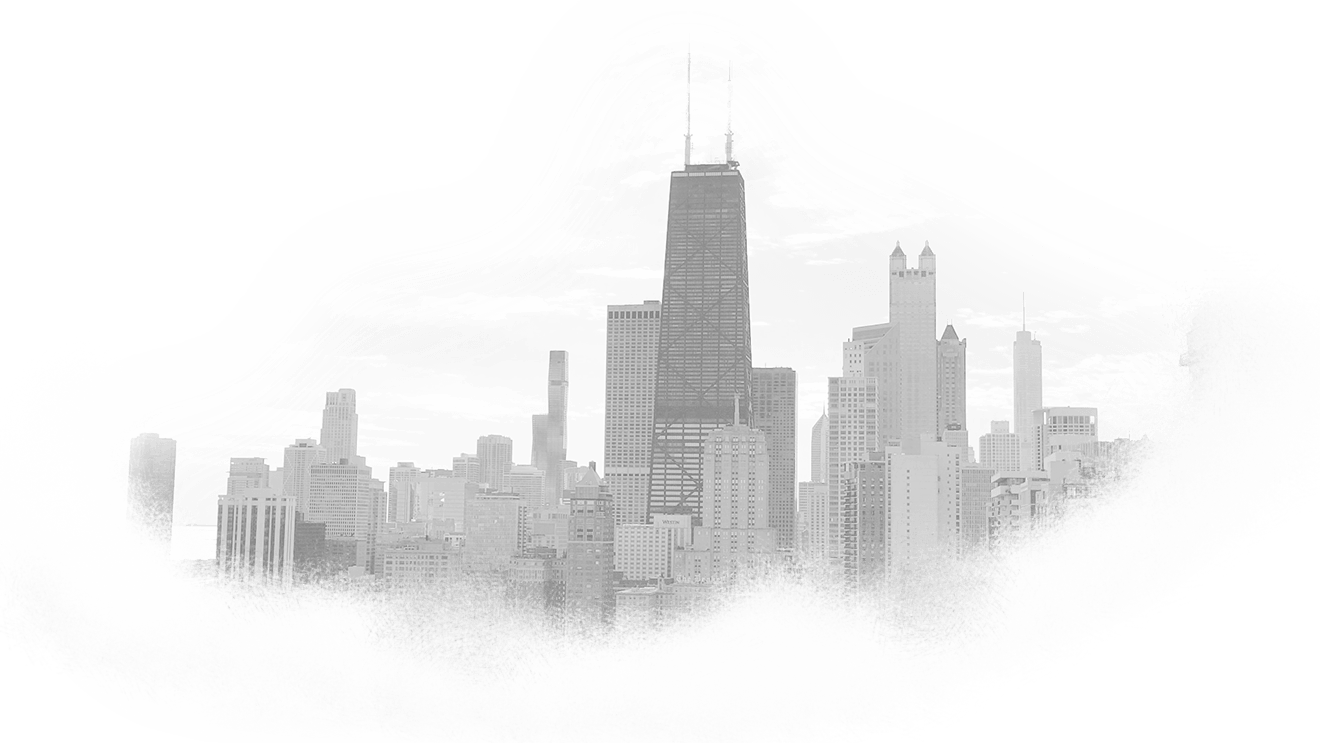 A black and white graphic of the Chicago skyline as seen from Lake Shore Drive looking south.