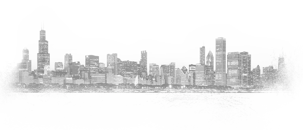 A black and white graphic of the Chicago skyline looking west from out on Lake Michigan.