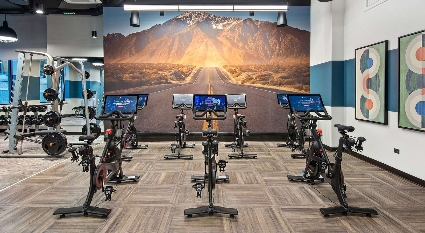Fitness center with free weights, treadmills and ellipticals.