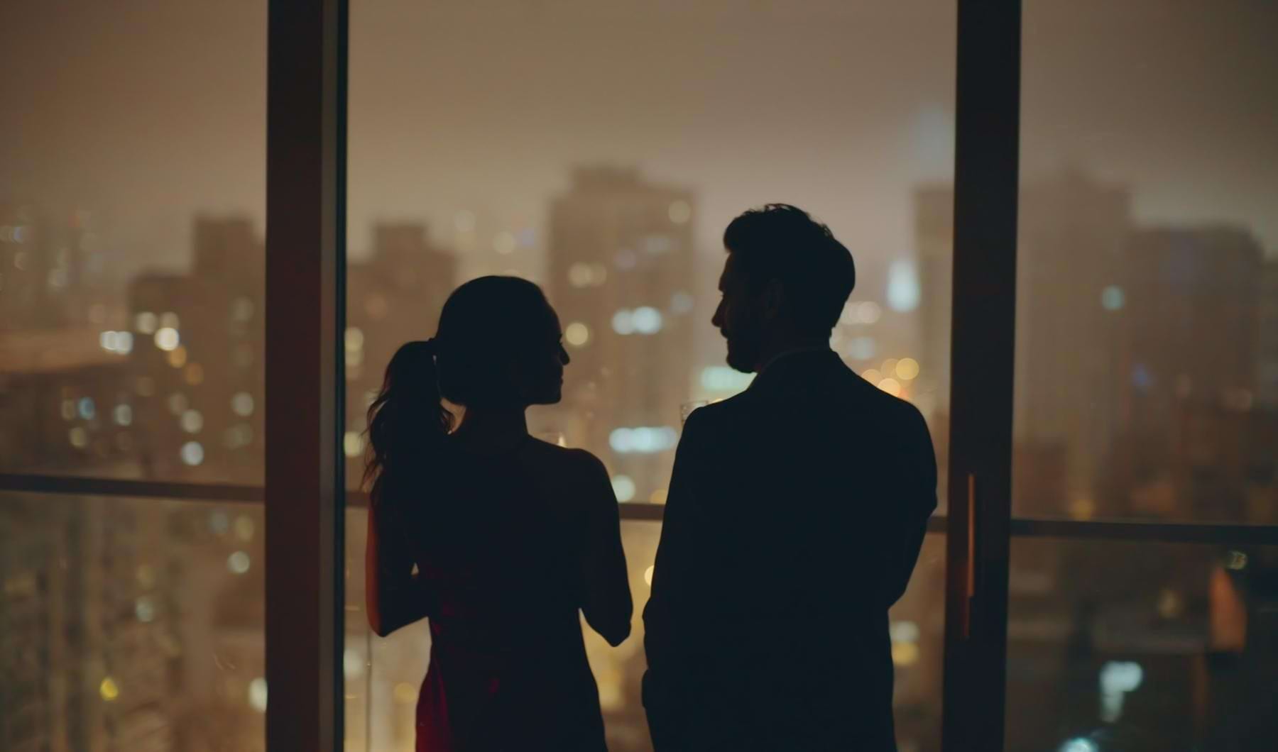 a man and woman standing next to each other and looking out a window