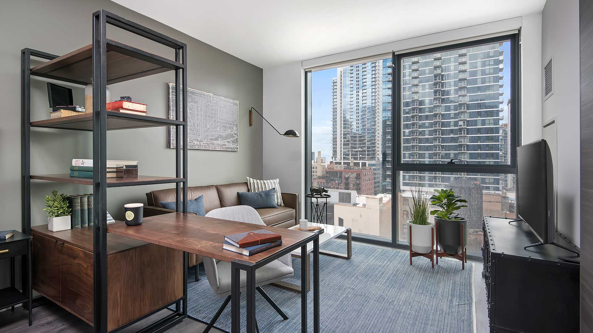 Looking into the living area in a Hubbard221 residence. A desk, bookcase and couch are on the left; a television and two potted plants are on the right. The far wall is a floor-to-ceiling window with the city seen outside.