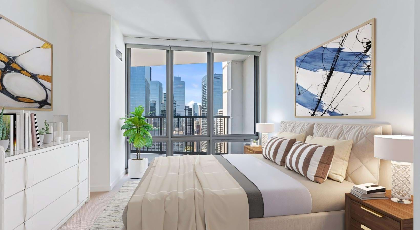 a bedroom with a large window