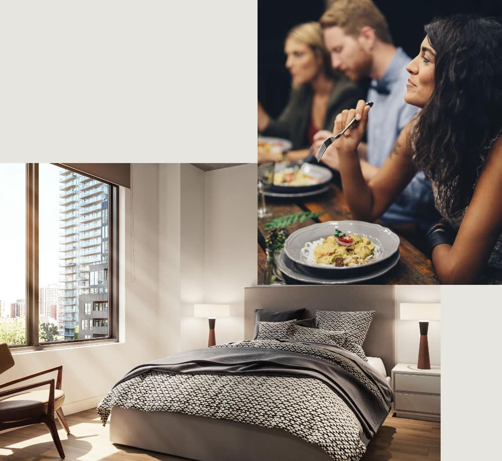 Living double picture of a woman eating with friends and a unit bedroom with large windows and a bed