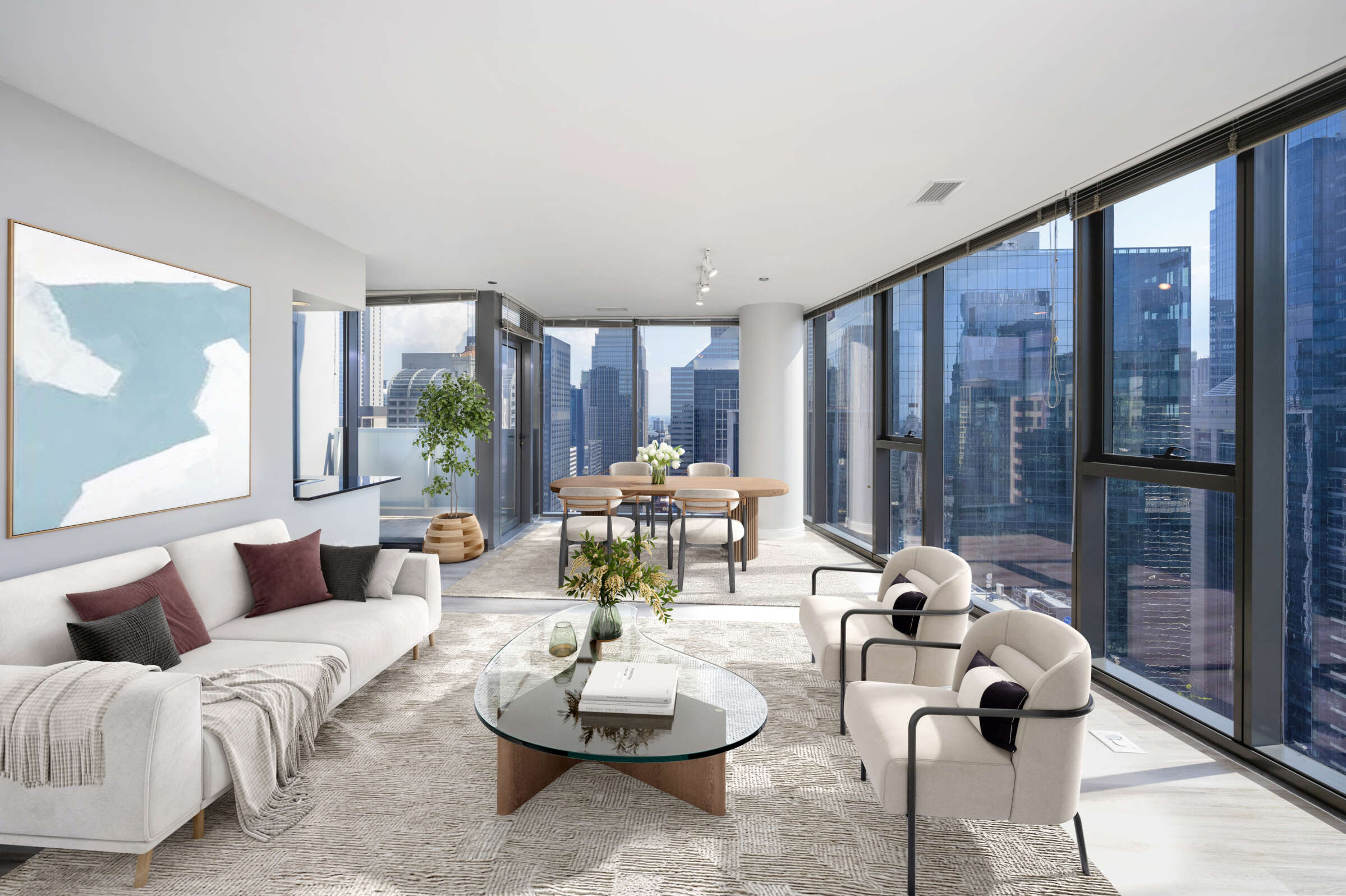 Lake & Wells pet friendly apartment in Chicago with large living room and windows facing city.