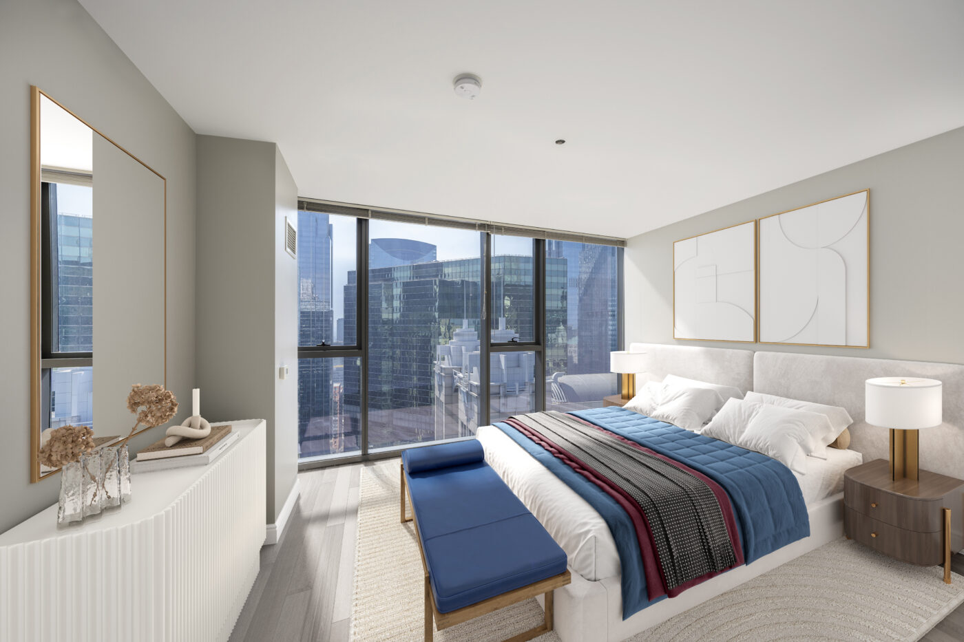 Bedroom with large windows at Lake & Wells pet friendly apartments in Chicago.